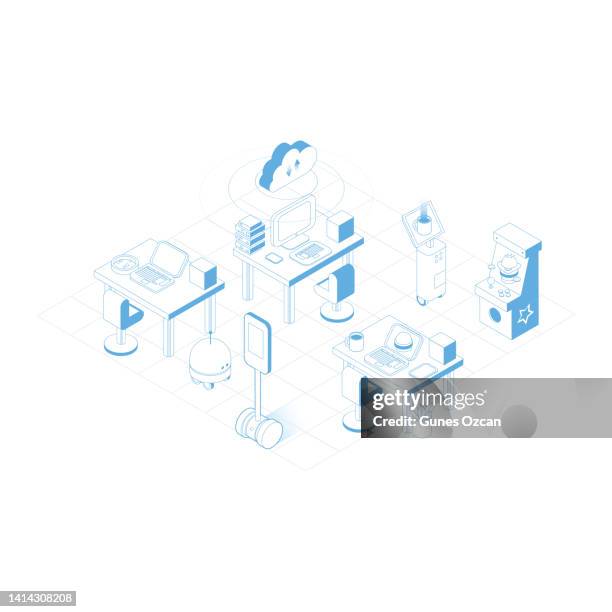 back to school - future classroom - school supplies - classroom with robots - cloud computing - future office interior - cloud computing stock illustrations stock illustrations
