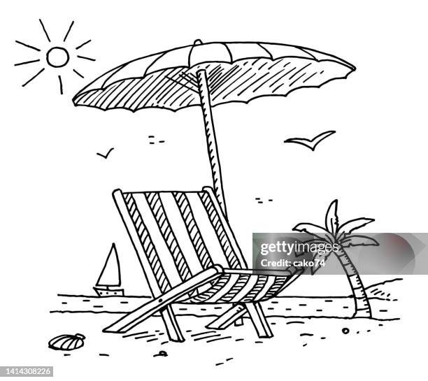 illustrazioni stock, clip art, cartoni animati e icone di tendenza di spiaggia e lettino disegnati a mano - ombrellino