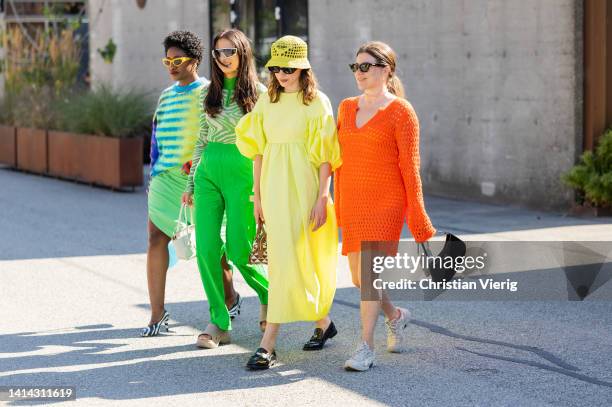 Guests seen outside Stine Goya during Copenhagen Fashion Week Spring/Summer 2023 on August 10, 2022 in Copenhagen, Denmark.