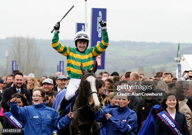 Tony McCoy riding Synchronised win The Betfred Cheltenham Gold Cup Steeple Chase at Cheltenham racecourse on March16, 2012 in Cheltenham, England.