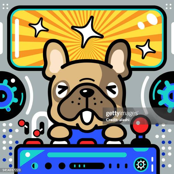 eine niedliche piebald französische bulldogge steuert ein unlimited power-raumschiff mit lichtgeschwindigkeit - game over short phrase stock-grafiken, -clipart, -cartoons und -symbole