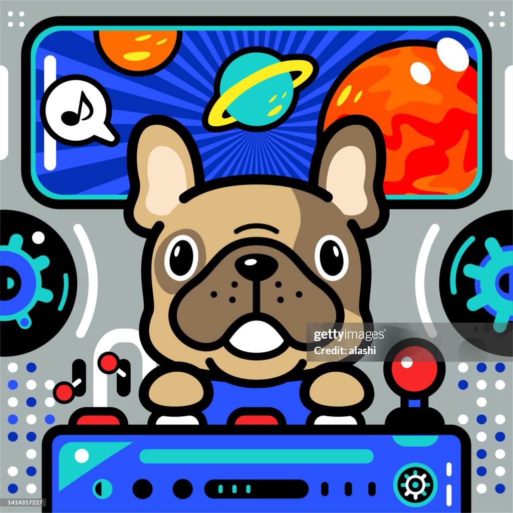 A cute piebald French bulldog is piloting an Unlimited Power Spaceship or UFO arriving on Mars
