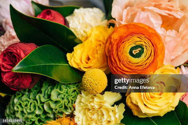 bright bouquet made of many different exotic flowers. red peony rose, green cockscomb, craspedia, carnation, yellow roses, orange persian buttercup and leaves. beautiful backdrop for your design. photography from above - smörblomma bildbanksfoton och bilder