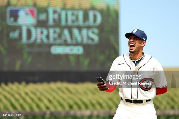 Christopher Morel of the Chicago Cubs reacts before the game against the Cincinnati Reds at Field of Dreams on August 11, 2022 in Dyersville, Iowa.