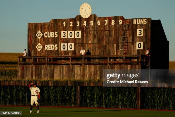 Seiya Suzuki of the Chicago Cubs looks on during the third inning of the game against the Cincinnati Reds at Field of Dreams on August 11, 2022 in...