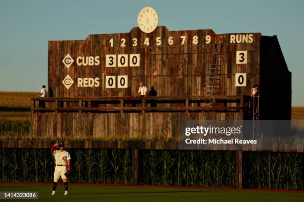 Seiya Suzuki of the Chicago Cubs looks on during the third inning of the game against the Cincinnati Reds at Field of Dreams on August 11, 2022 in...