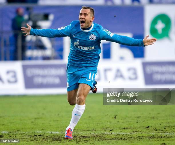 Aleksandr Kerzhakov of FC Zenit St. Petersburg celebrates after scoring a goal during the Russian Football League Championship match between FC...