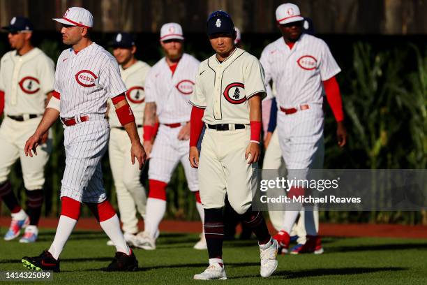 Seiya Suzuki of the Chicago Cubs takes the field before the game against the Cincinnati Reds at Field of Dreams on August 11, 2022 in Dyersville,...