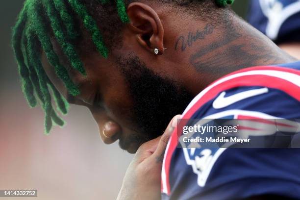 Jalen Mills of the New England Patriots looks on during the preseason game between the New York Giants and the New England Patriots at Gillette...