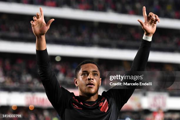 Vitor Roque of Athletico-PR celebrates after scoring the first goal of his team during a Copa CONMEBOL Libertadores 2022 quarter final second leg...