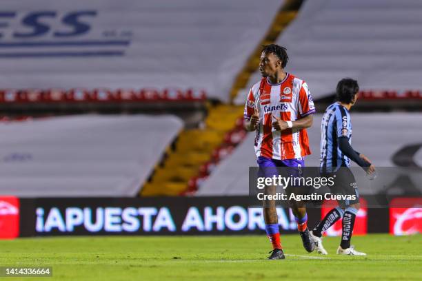 Abel Hernandez of San Luis celebrates after scoring his team's first goal during the 8th round match between Queretaro and Atletico San Luis as part...