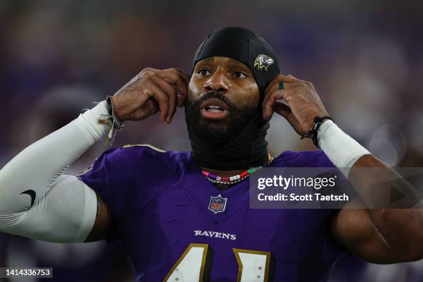 Daryl Worley of the Baltimore Ravens looks on after making an interception against the Tennessee Titans during the second half at M&T Bank Stadium on...