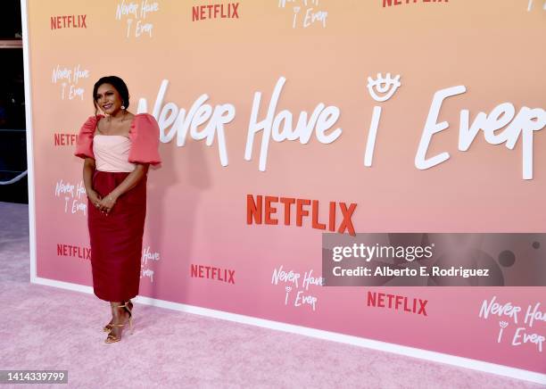 Mindy Kaling attends Los Angeles Premiere of Netflix's "Never Have I Ever" Season 3 at Westwood Village Theater on August 11, 2022 in Los Angeles,...