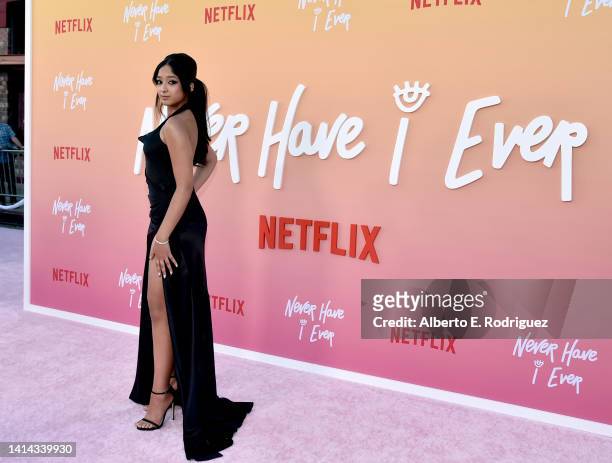 Maitreyi Ramakrishnan attends Los Angeles Premiere of Netflix's "Never Have I Ever" Season 3 at Westwood Village Theater on August 11, 2022 in Los...