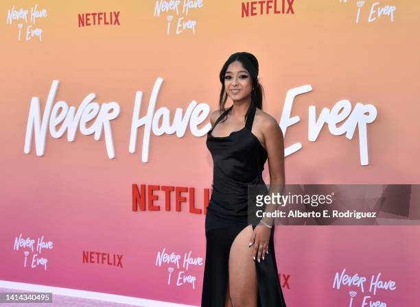 Maitreyi Ramakrishnan attends Los Angeles Premiere of Netflix's "Never Have I Ever" Season 3 at Westwood Village Theater on August 11, 2022 in Los...