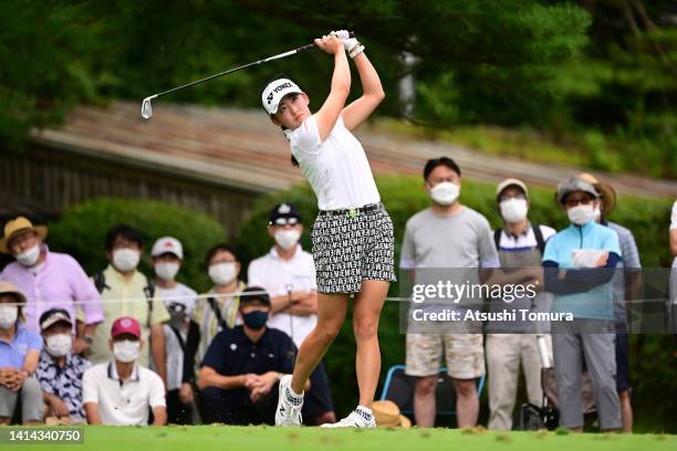 Chisato Iwai of Japan hits her tee shot on the 12th hole during the first round of NEC Karuizawa 72 Golf Tournament at Karuizawa 72 Golf Kita Course...