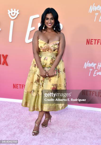 Nina Davuluri attends Los Angeles Premiere of Netflix's "Never Have I Ever" Season 3 at Westwood Village Theater on August 11, 2022 in Los Angeles,...