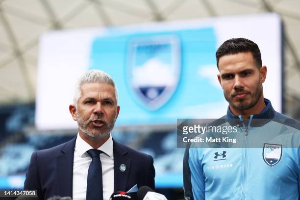 Jack Rodwell speaks to the media alongside Sydney FC head coach Steve Corica during a media opportunity after signing with Sydney FC, at Allianz...