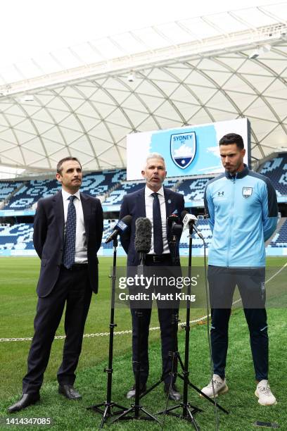 Jack Rodwell speaks to the media alongside Sydney FC Adam Santo and Sydney FC head coach Steve Corica during a media opportunity after signing with...