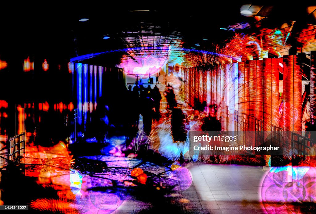 Double Exposure, Capybara giant rat and Langya LayV virus around the world map on walking crowd background image. The concept of spreading the LayV virus from animals to humans.