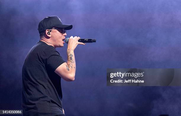 Rapper Logic performs at PNC Music Pavilion on August 11, 2022 in Charlotte, North Carolina.