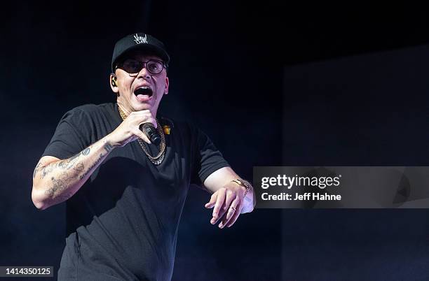 Rapper Logic performs at PNC Music Pavilion on August 11, 2022 in Charlotte, North Carolina.