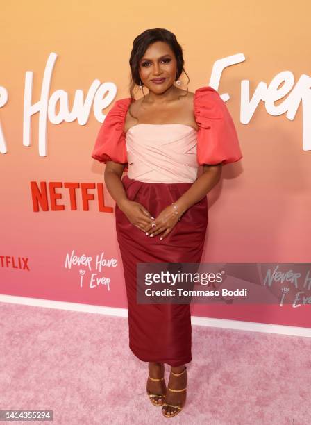 Mindy Kaling attends the Los Angeles premiere of Netflix's "Never Have I Ever" Season 3 on August 11, 2022 in Los Angeles, California.