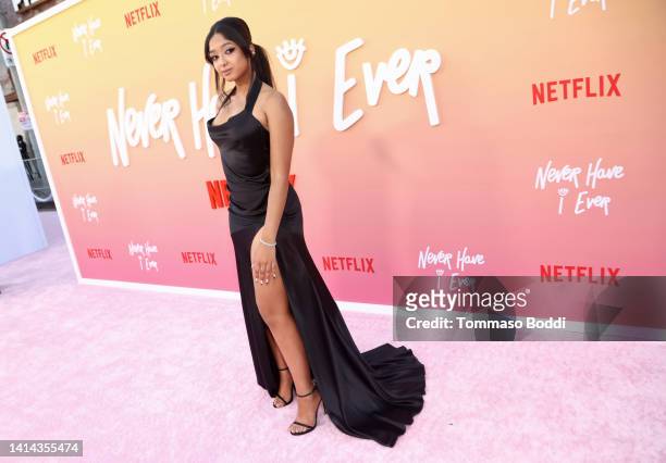 Maitreyi Ramakrishnan attends the Los Angeles premiere of Netflix's "Never Have I Ever" Season 3 on August 11, 2022 in Los Angeles, California.