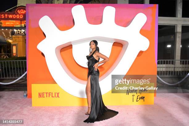 Maitreyi Ramakrishnan attends the Los Angeles premiere of Netflix's "Never Have I Ever" Season 3 on August 11, 2022 in Los Angeles, California.