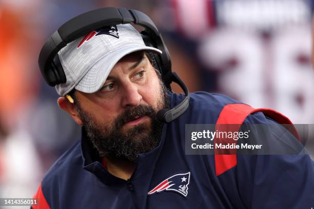 Senior Football Advisor Matt Patricia of the New England Patriots looks on during the preseason game between the New York Giants and the New England...