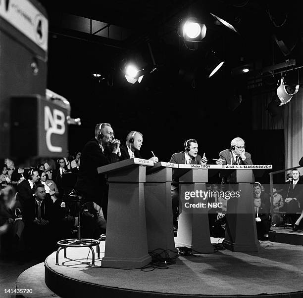 Pictured: American aeronautical scientist/NASA deputy director Hugh Dryden, American astronaut Colonel John Glenn, Soviet astronaut Major Gherman...