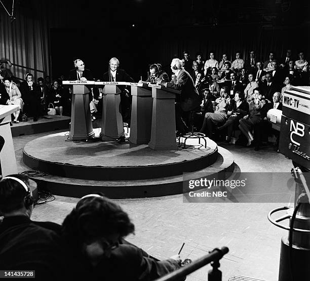 Pictured: American aeronautical scientist/NASA deputy director Hugh Dryden, American astronaut Colonel John Glenn, Soviet astronaut Major Gherman...