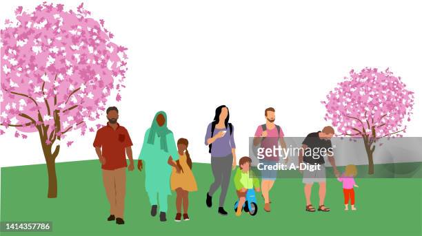 ilustrações, clipart, desenhos animados e ícones de multidão familiar caminhando sob flores de cerejeira - vestimenta religiosa
