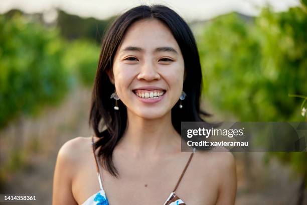 outdoor portrait of cheerful  woman in vineyard - spaghetti strap stock pictures, royalty-free photos & images