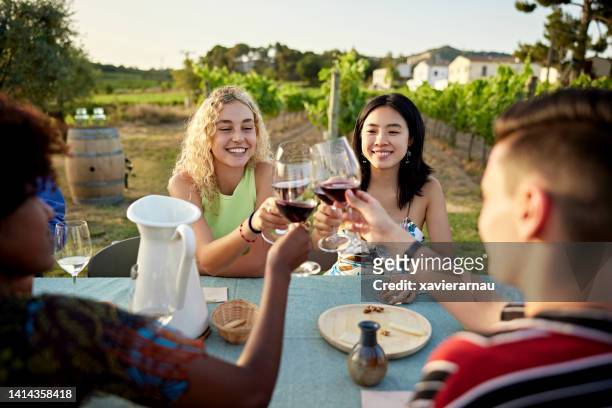 young women enjoying celebratory toast at wine tasting - toast around the world celebration stock pictures, royalty-free photos & images