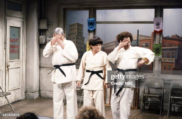 Episode 19 -- Pictured: Joe Piscopo as Curly, Tim Kazurinsky as Moe, Gary Kroeger as Larry during the 'Karate School' skit on May 12, 1984 -- Photo...