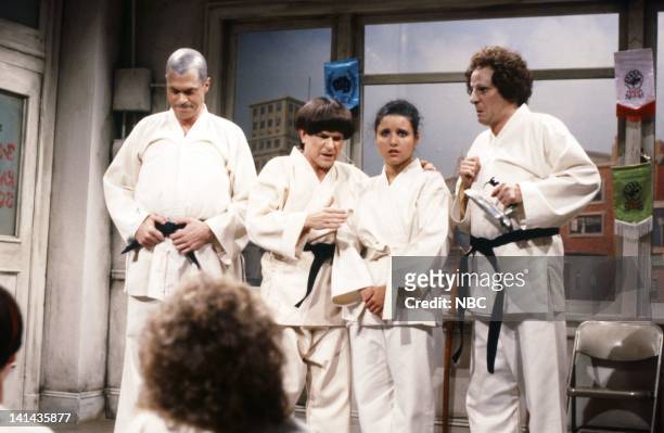 Episode 19 -- Pictured: Joe Piscopo as Curly, Tim Kazurinsky as Moe, Julia Louis-Dreyfus as student, Betty Thomas as student during the 'Karate...