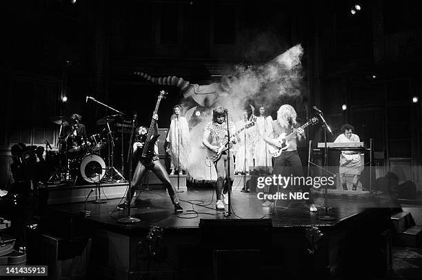 Episode 18 -- Pictured: Harry Shearer as Derek Smalls, Christopher Guest as Nigel Tufnel, Michael McKean as David St. Hubbins of musical Guest Spinal...