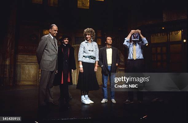 Episode 19 -- Pictured: Edwin Newman, Father Guido Sarducci, Betty Thomas, Billy Crystal during the monologue on May 12, 1984 -- Photo by: NBC/NBCU...