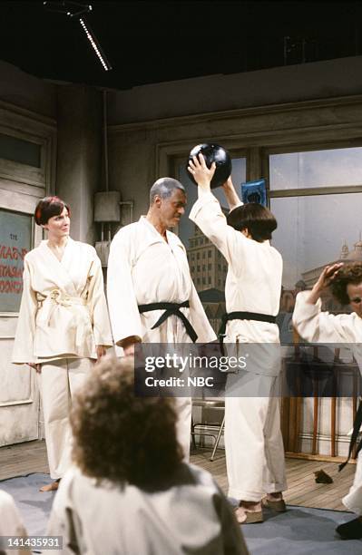 Episode 19 -- Pictured: Mary Gross as student, Joe Piscopo as Curly, Tim Kazurinsky as Moe during the 'Karate School' skit on May 12, 1984 -- Photo...