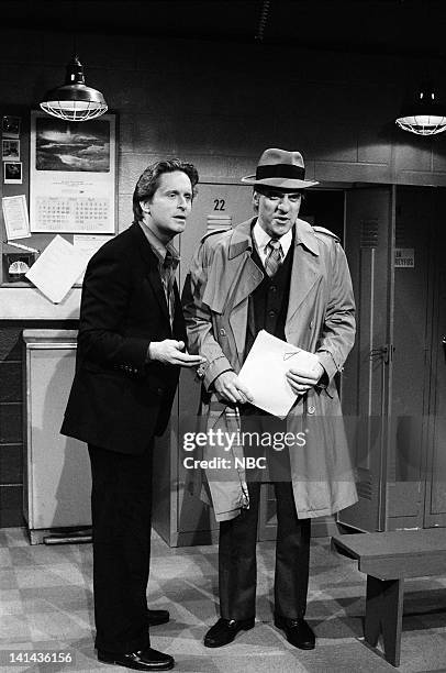 Episode 16 -- Pictured: Michael Douglas and Joe Piscopo as Karl Malden during the 'Lost Script' skit on April 7, 1984 -- Photo by: Alan...