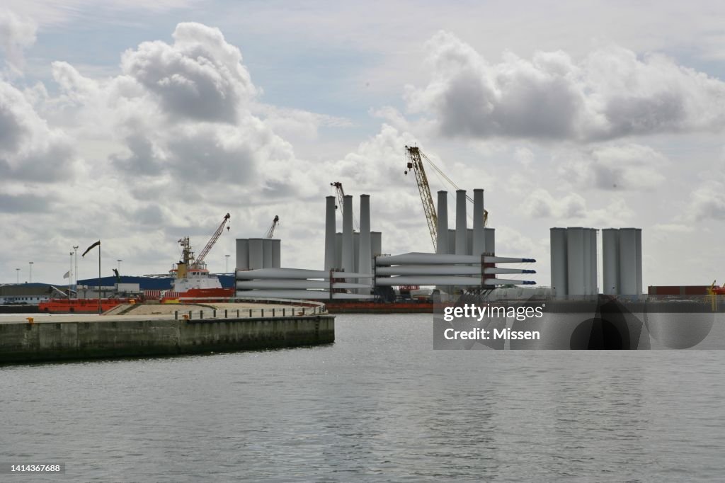 View of wind turbine components on the harbour dock, Esbjerg, Jutland, Denmark