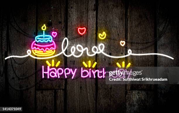 happy birthday message neon lighting - happy birthday vintage stockfoto's en -beelden