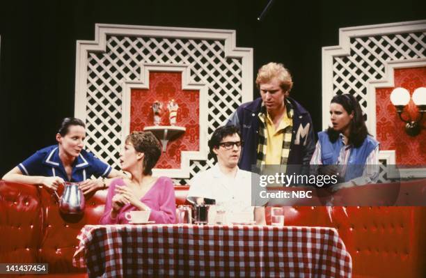 Episode 13 -- Pictured: Mary Gross as waitress, Jamie Lee Curtis, Gary Kroeger as Rory, Brad Hall as Mike Phillips, and Julia Louis-Dreyfus as Becky...