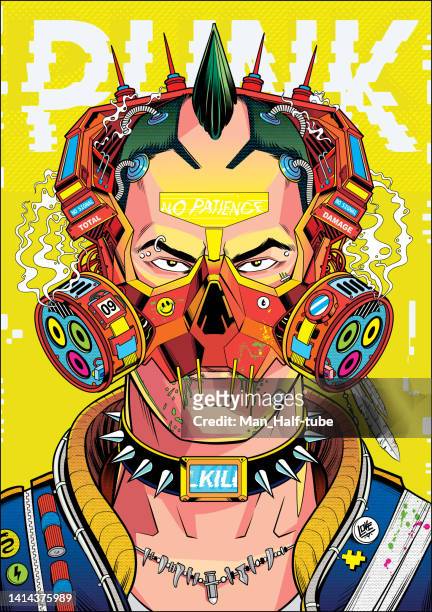 ilustraciones, imágenes clip art, dibujos animados e iconos de stock de ilustración de póster cyberpunk - punk person