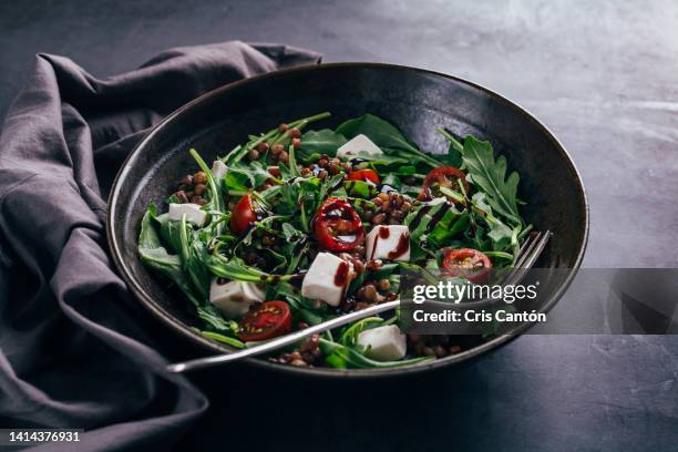 arugula salad with lentils and cheese - queso de cabra fotografías e imágenes de stock