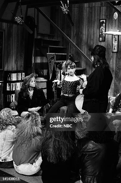 Episode 16 -- Pictured: Debra Winger as Lisa Hartman, Jan Hooks as Nancy Simmons, Mike Myers as Wayne Campbell during the 'Wayne's World' skit on...