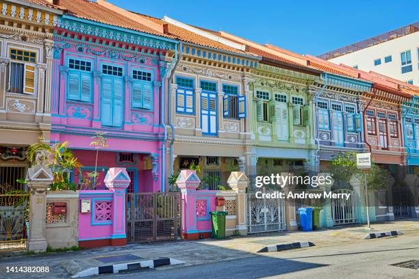 colourful decorative houses on street, singapore - peranakan culture stock pictures, royalty-free photos & images