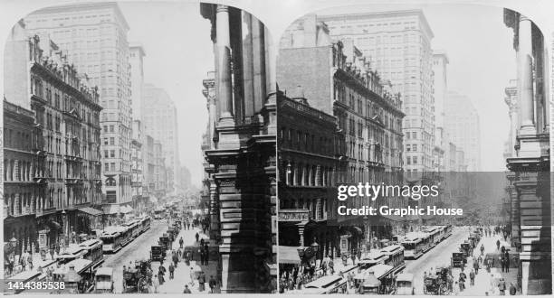 Stereoscopic image showing pedestrians, street cars and horse-drawn carriages on Randolph Street in Chicago, Illinois, circa 1893.