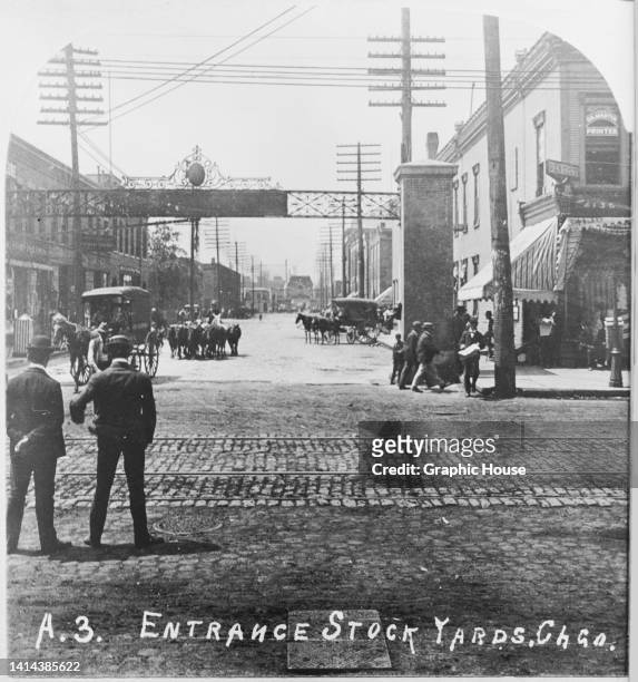 Rear view of two man standing before the entrance as a horse-drawn carriage leaves the Union Stock Yards in Chicago, Illinois, circa 1890. The Union...